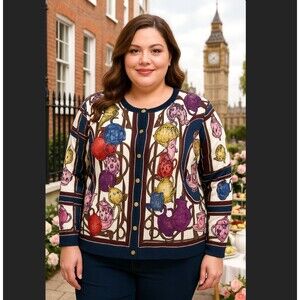 Talbots Button Cardigan 3XP PETITE London Tea Party Teacup Teapot Novelty Print
